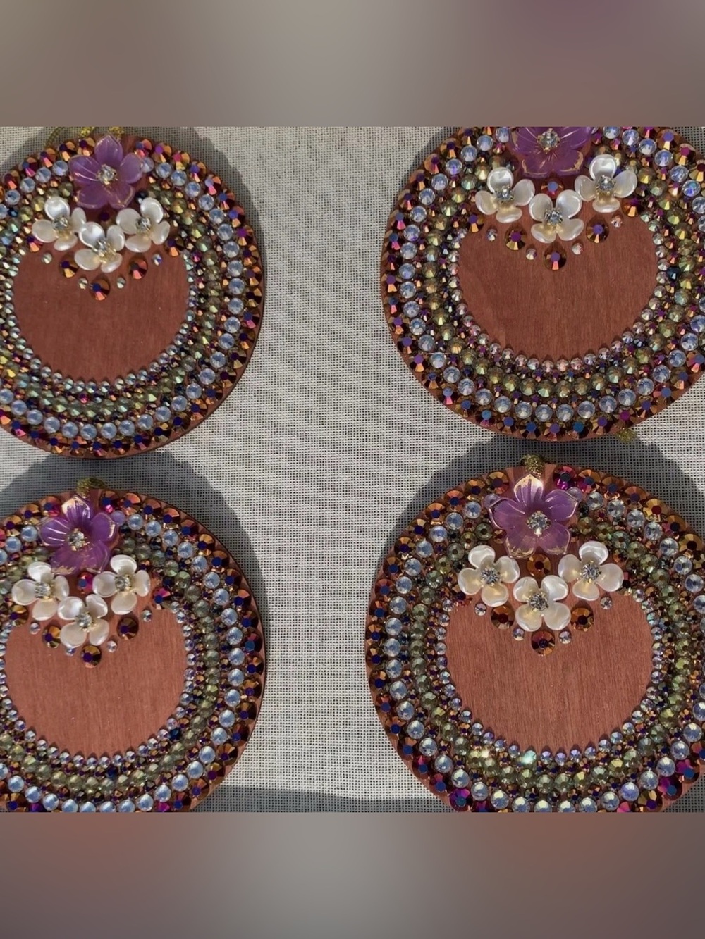 Set Of 4 Purple and Gold Floral Wooden Holiday 4” Round Hand Embellish Ornament